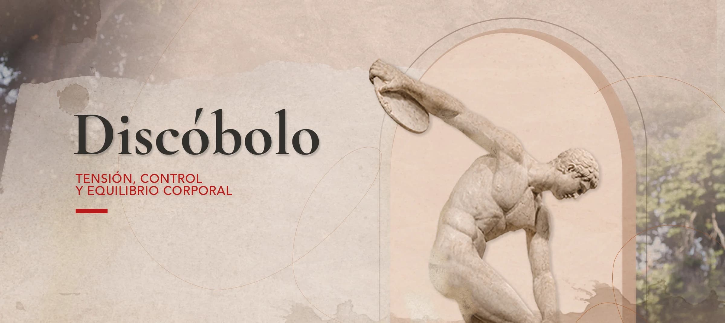 Banner gráfico beige con el Discóbolo de Mirón.