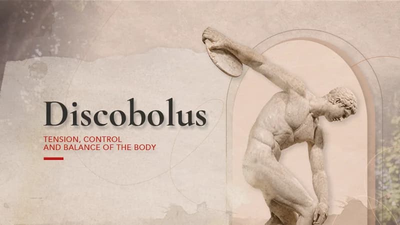 Beige graphic banner featuring the Discobolus of Myron.