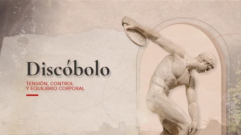 Banner gráfico beige con el Discóbolo de Mirón.